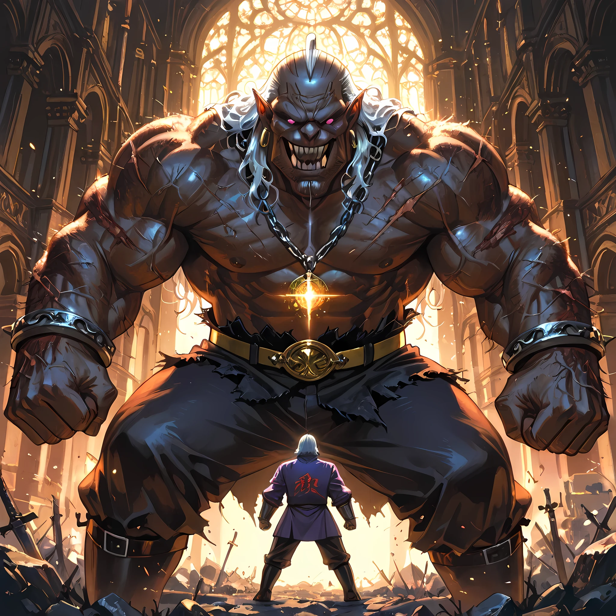 {man1}:(man1 who looks like Manjiro Sano, human ears, thirty-two year old man, wavy hair, strong-bodied man, developed physique: 1.2, muscular body: 1.2, purple jacket, gray turtleneck underneath the jacket, gold belt on long pants, black army pants, silver chain attached to the side of the pants, black leather boots, thorn bracelets on the arms, scars on the arms, burn marks on the cheeks to the middle of the neck, earrings with a waning moon pendant, short gray hair quite messy to the height of the ears, hair covering the eyes, hair tips dyed purple, eyebrows in the shape of gray flames, pink eyes, ahoge hair, heavy breathing, ((man1 with a crazy smile, sharp fangs, man1 punching the gray ogre in front of him in a bloody fight, man1 advancing with punches against the scary enemy, bats appearing around man1, blood being spilled from the lips, man1 facing the enemy head on with an intimidating look)), BREAK, {gray ogre}:(gray ogre advancing with his strong fist against man1, murderous look towards man1) | ((man1 vs gray ogre:1.4)), ((Ano Danchi no Tsuma-tachi wa... The hentai style of animation:1.4)), ((better image quality, better sharpness, better saturation, better vibrancy, better color balance, better shading, full HD, better quality of facial details)), ((fantasy anime style, richly detailed scenery, better resolution, richness of scene details, lighting balance)), (side angle, top view of a house, enlarged view of the scenery of a medieval town).