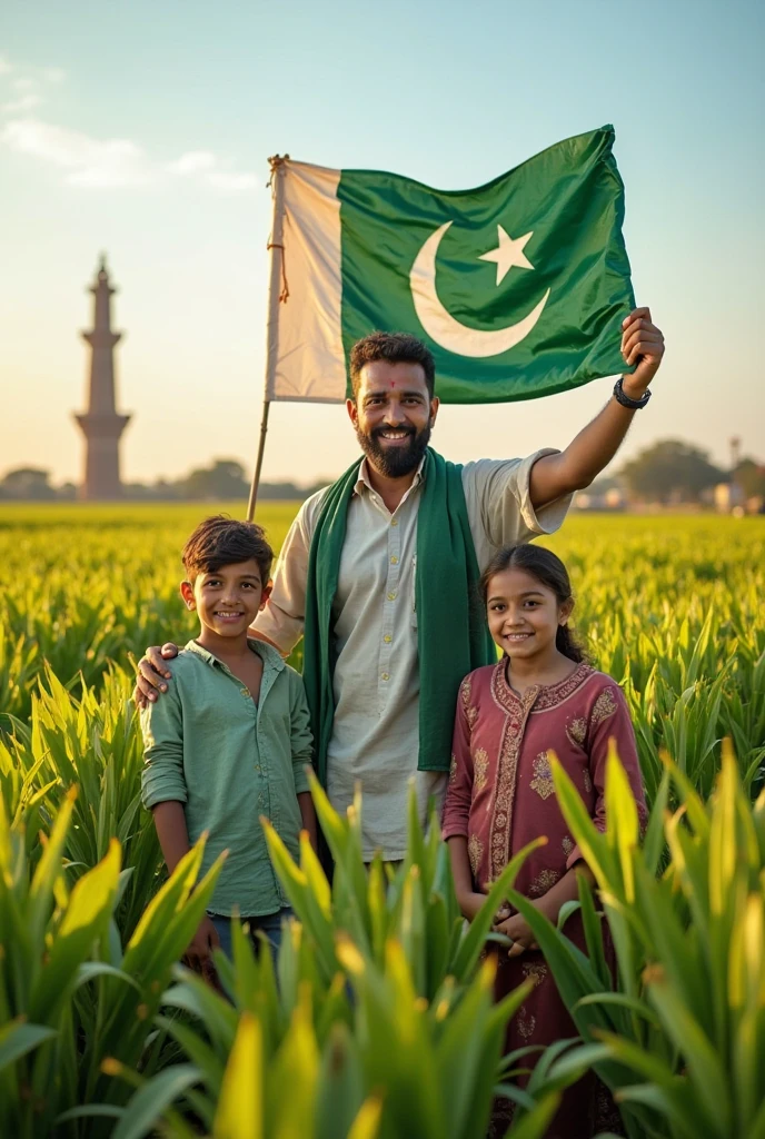 old man having children having pakistani flag in their hand looking happy mood