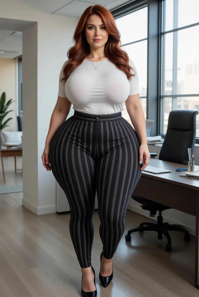 Woman with brown updo hair wearing tight office clothes, long office pants, she is voluptuous, she has huge breasts and bug butt, long legs, in office, giant breasts, visible curves, slim figure, she has big eyes, in pain 