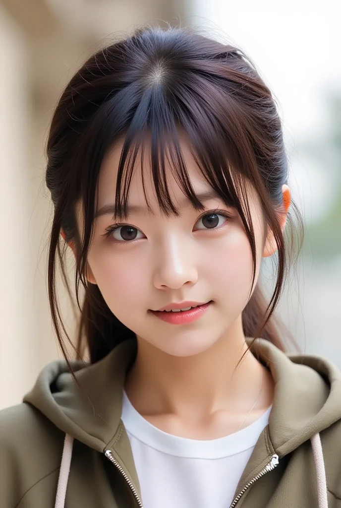 Photoreal, 8K full-length portrait, Beautiful woman, ponytail, attractive look, Clear system, 16 years old, Tokyo city, winter, Shibuya in the background