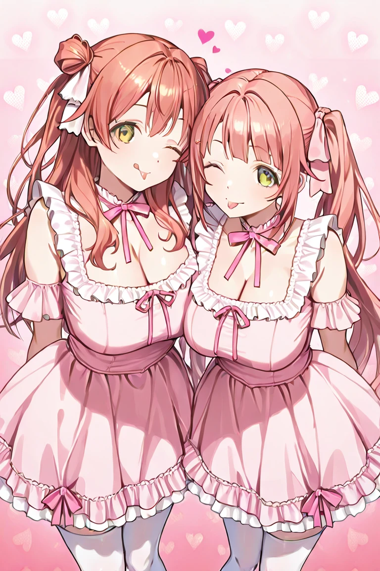((​masterpiece、top-quality:1.5、a high chroma:1.5、ultra-detailliert、high-resolution illustrations:1.5、Ultra-high-definition CG、8k size wallpaper、offcial art))、((2girls、sisters)),(yuri),(cute face:1.5)、(clear face:1.3),(Shining eyes:1.5),(older sister is bikini, the younger sister is frilled bikini:1.5)
 ((older sister only wears a pink bikini:1.5)), ((younger sister only wears a orange frilled bikini:1.5)),(sexy body),(older sister is only a pink bikini、younger sister is only a orange frilled bikini:1.5),(),(), ((medium breasts))、
,(Background is bright colors, summer beach)、midjourney