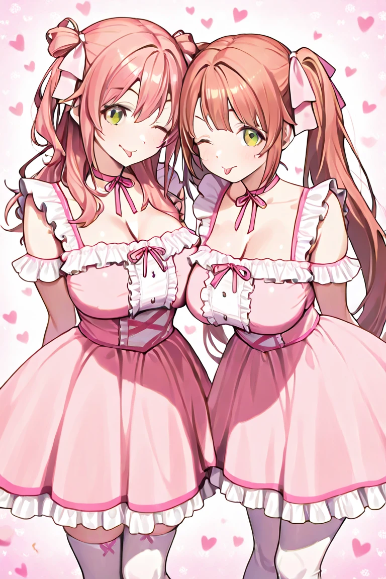 (2 young girls with long hair, Beautiful face and eyes, pink eyes, Charming smile, (Maid cafe costume with frilly breasts and wide open breasts, Pleated mini skirt:1.5), (Daikai Maid Cafe Costume:1.2), Sexy transparent underwear and panties, Miniskirt turned inside out、Underwear half exposed、Show belly button、 Extra large breasts、(very pretty girl), With pendants and bracelets、brown hair, Fashion hair accessories quality:1.4), (Extremely detailed), (Extremely detailed CG unified 8k wallpaper), Very detailed, High-resolution original color photos, Professional photography, Depth of Field, (Lie flat on your bed)