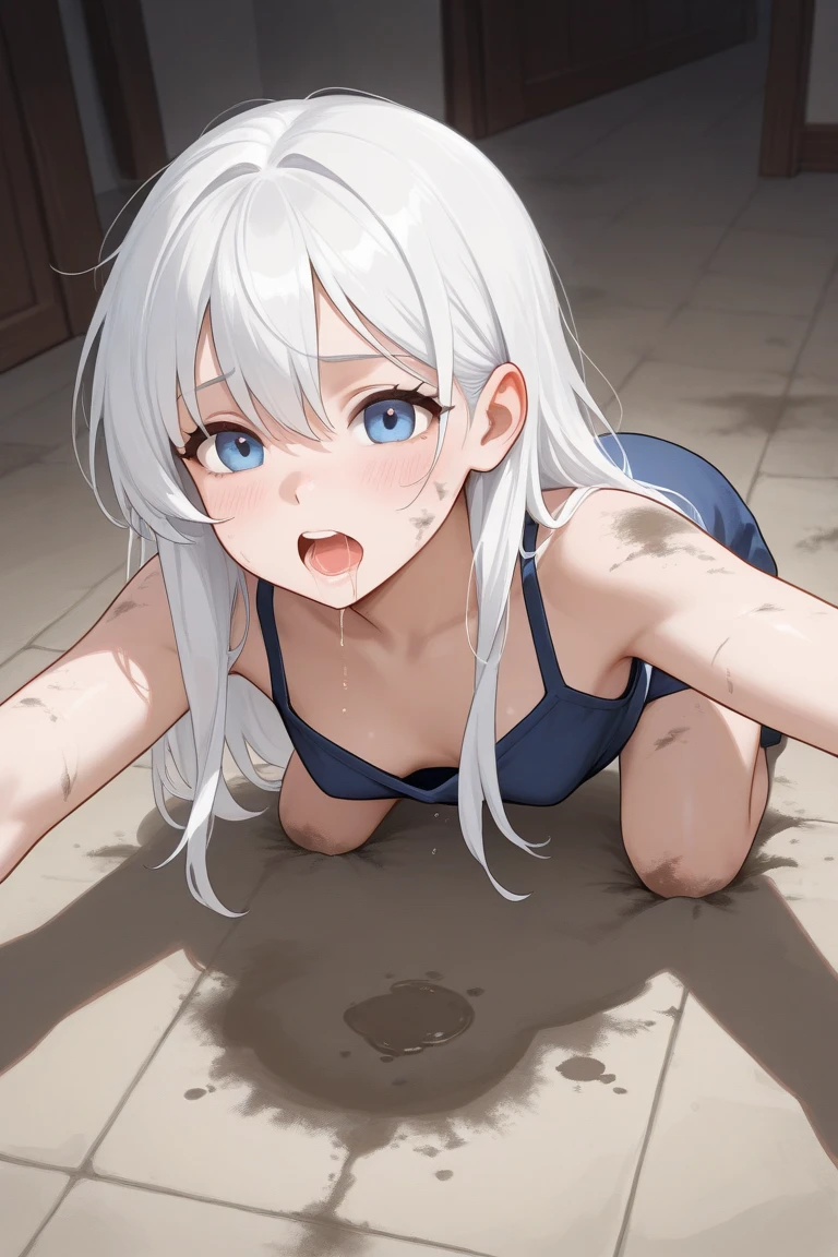 A street corner in a heavy snowstorm、One girl、Completely naked、With legs apart、Knees up、Crouching、With legs apart、Have dead eyes、White Hair、blue eyes