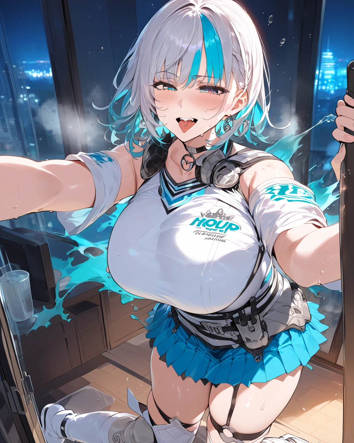 (masutepiece:1.3), High resolution, ultra-detailliert, the Extremely Detailed CG Unity 8K Wallpapers, Realistic, Photorealsitic, Raw photo, beautifull detailed face, pale skin, realistic glistening skin, Detailed Cloth Texture, detailed hair texture, Perfect body, Beautiful face, acurate, Anatomically correct, Highly detailed face and skin texture, Natural neck length, (Beautiful hands), (Fair skin:1.2), Sweaty skin:1.2, thin legs, Thin feet, Sexy thighs,
BREAK,
Detailed eyes, symmetrical eye, Light brown eyes, Double eyelids, Thin eyebrows, (Glossy lips:1.4), ((Pretty smile:1.2)), (blush:1.2),
BREAK,
(a very pretty girl:1.3), (Wearing a neon colored micro bikini:1.2), (Wearing a long-knit cardigan:1.2),
(Large breasts, cleavage:1.1), (firm breasts, nice shaped breasts, Slender figure:1.2), Firm abs,
(Dark blonde hair, Wavy Hair, Medium Long Hair:1.2), ((asymmetrical bangs:1.2)), (upperbody shot:1.2), (Looking at Viewer:1.2),Angle from above、POV,
BREAK,
((Woman Inviting Man:1.2)), (Super erotic night room:1.2),
BREAK,
((Blue Neon Light:1.3)),the pose、doorway,A MILF