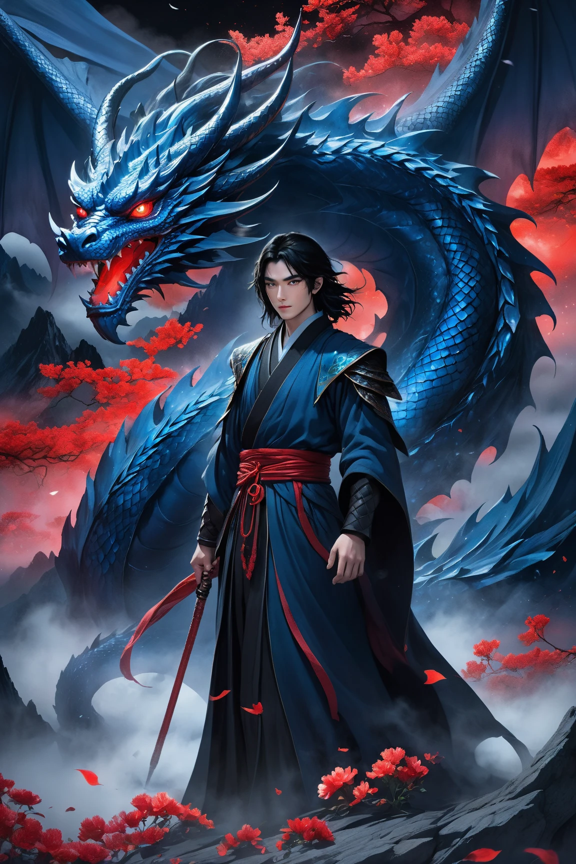Draw a man and a dragon with fire and water, inspired by Zhu Derun, human and dragon fusion, heise jinyao, Inspired by Seki Dosheng, Inspired by Zhang Han, by Yang J, Inspired by Zhao Yuan, flowing hair and long robes, man with the soul of a dragon, inspired by Yang Jin, author:Chen Zeen,The flame burns,Indigo and red,light dots,Meticulously carved out every detail,The light and shadow are delicate,insanely details,Highest image quality,A masterpiece,8K,beautiful digital artworks,WLOP Rossdraws,detailed digital anime art,guweiz masterpiece