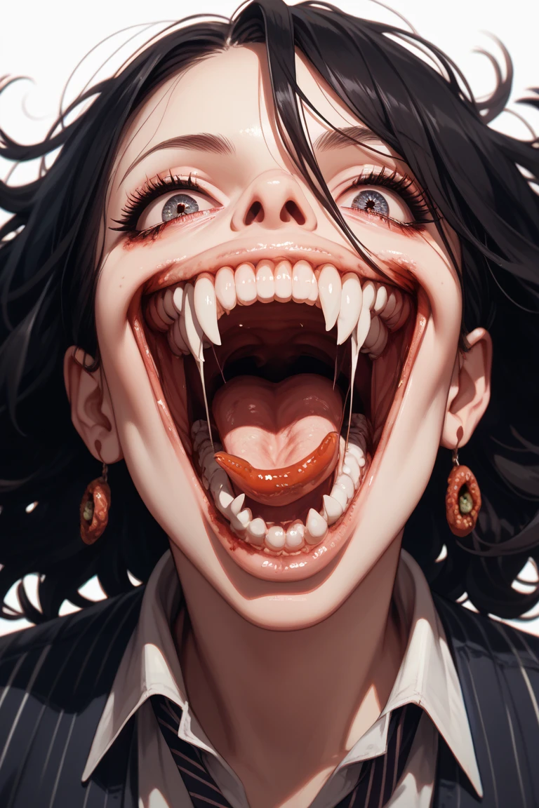 Extremely detailed and dark CG art that shows a frightening expression of Ahegao, with an exaggerated tongue and distorted facial features. The character has a big smile with bright teeth and the image is disturbingly surreal.