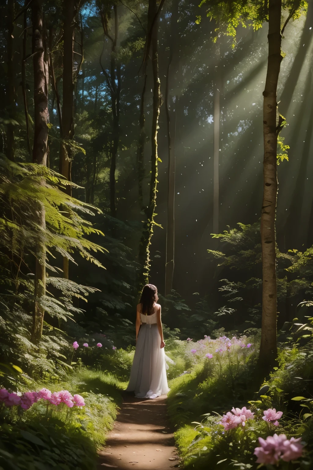 In this enchanting scene, the camera is situated among treetops, offering a low-angle perspective amidst a whimsical atmosphere. The composition features a kaleidoscope of vibrant flowers swaying gently in the breeze, with towering trees stretching towards the sky and magical beings hidden amongst the foliage. Soft, diffused light filters through the canopy, casting dappled shadows across the forest floor. As the camera captures every detail in 8K resolution, delicate petals of seven-colored flowers and enigmatic expressions of mystical creatures come into sharp focus.