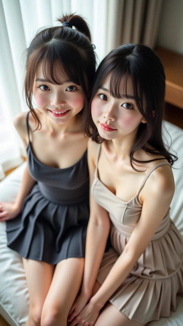 masterpiece, Highest quality, 8k, Two young and beautiful girls, Baby Face、(((((2girls)))))、((((((10 years old)))))),((Small breasts:1.3)), photo shoot, Cute Face, Thighs,、smile, 10 generations, Detailed face, Background blur、Long Hair、Black Hair、Small breasts、Small breasts、Cleavage、Tight waist,Off-the-shoulder knit dress