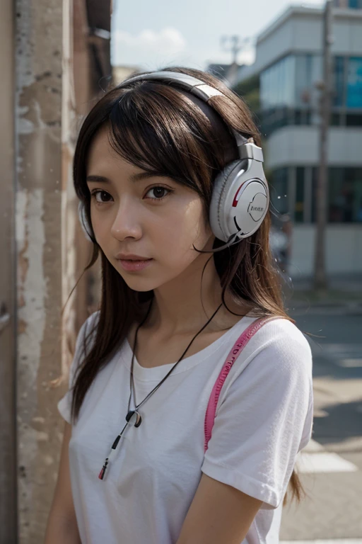 ((good quality)) ((Anime)) hair brown,headphones,white croptop, white short