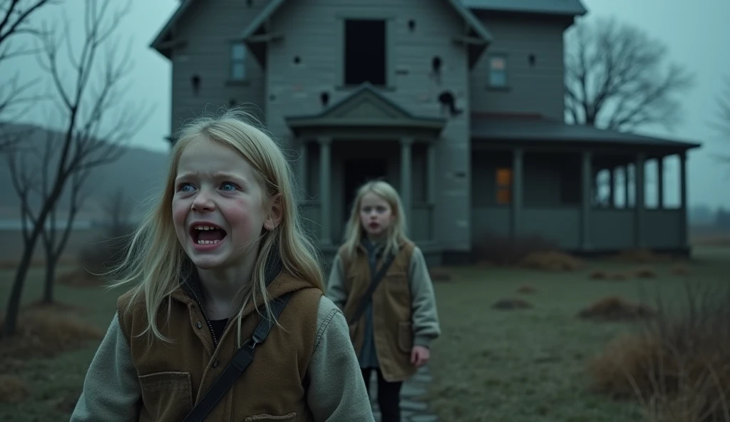 Realistic image A girl with short hair, um 10 year old blonde child , an 18 year old blonde teenager with freckles and a necklace with a blue amulet. They are all holding hands in front of an old, abandoned house and their expressions are filled with fear.