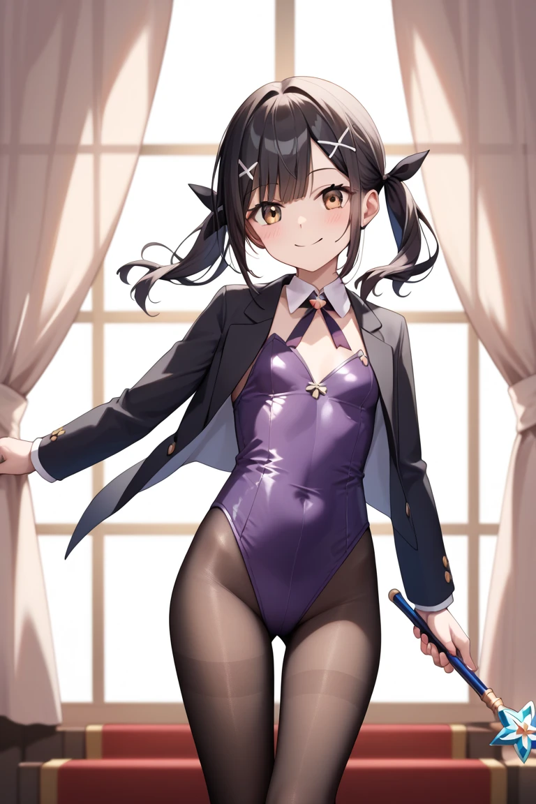 highest quality、Highest quality、Beautiful eyes、Very delicate and beautiful、Beautiful eyes、Pink Eyes、Soio、Soio、11-year-old girl、Japanese、、Chiquita、Noble、Primary school students、Black Hair、barefoot、（Judo）、(Pink leotard))、（High leg）、Tiara on head、smile、Standing, facing forward、The background is the changing room