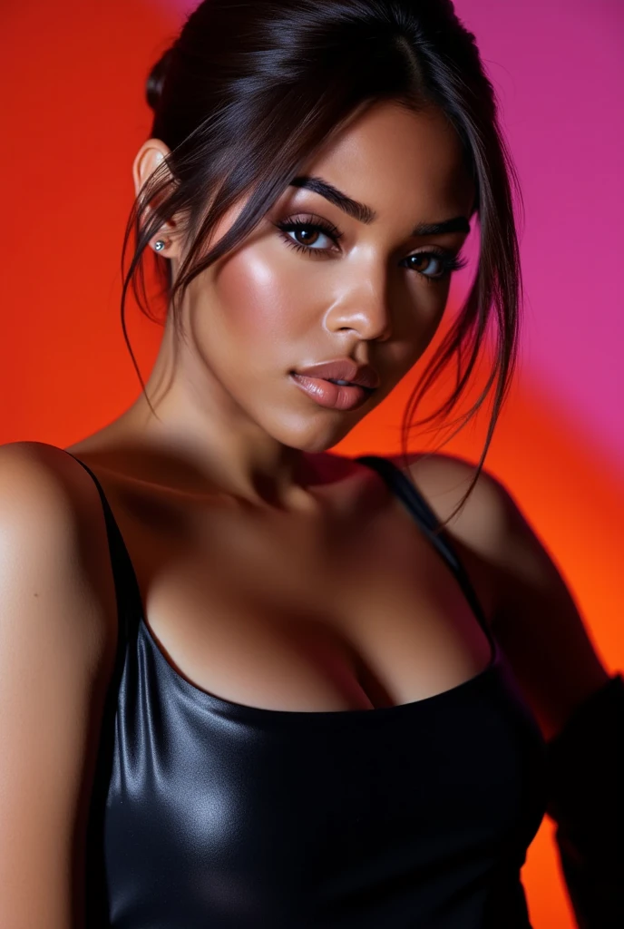 (selfie shot, from above:1.4), (half body postrait:1.4), RAW uhd portrait photo of a 27-year-old african (brown-eyed african woman) walking down a dark alleyway, natural breasts_b, nighttime city background, (purple sundress), (cleavage), detailed (textures!, hair!, shine, color!!, imperfections:1.1), highly detailed glossy eyes, (looking at the camera), specular lighting, dslr, ultra quality, sharp focus, tack sharp, dof, film grain, (centered), Fujifilm XT3, crystal clear, center of frame, cute face, sharp focus, street lamp, neon lights, bokeh, (dimly lit), low key, at night, (night sky) detailed skin pores, oiled skin, tan, intricate eye detail