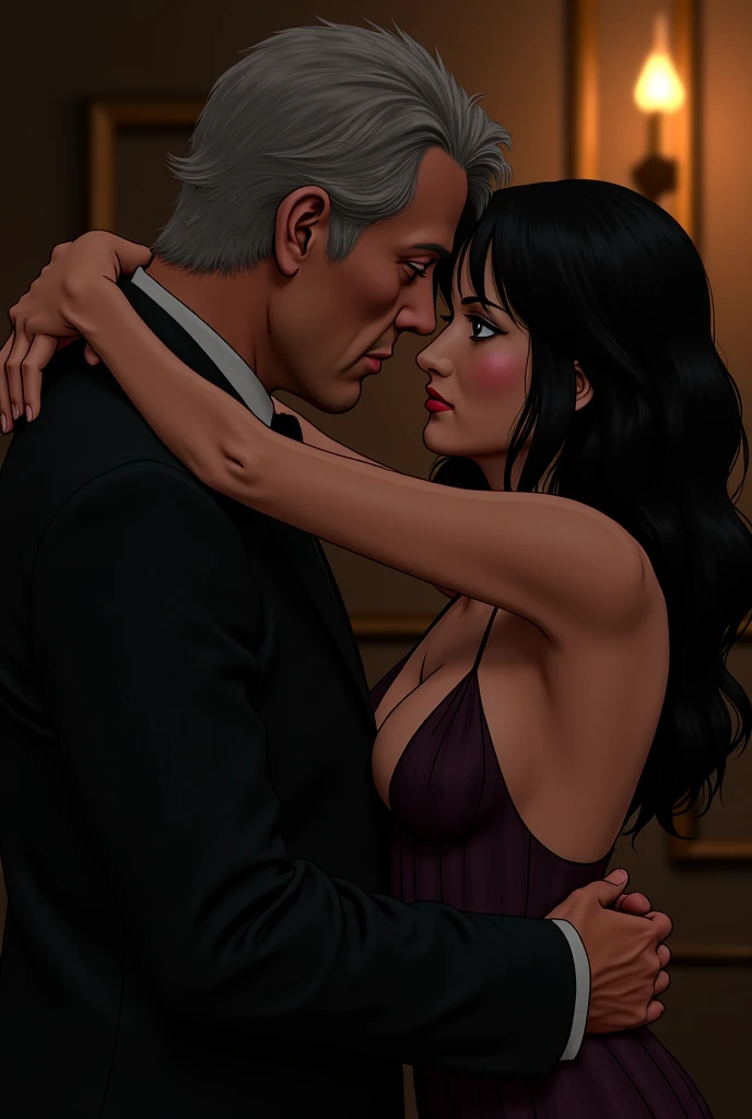 ((1woman/maid outfit black/tight on body/huge breasts, being held by a naughty old man by the waist, the old man is giving her a kiss on her neck, she gets bland with red face/liking)), Unreal Engine 5,masterpiece, anime style,Max resolution/quality/sharpness/detail,short hair slick, room in luxury hotel room.