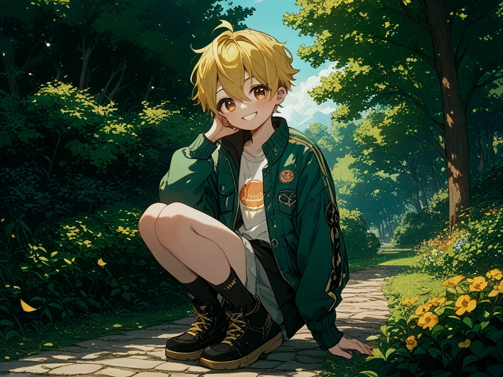top-quality、in 8K{ boy showing off his penis:1},{10yaers old},silber hair,In the park,Sweating,Looks calm,(flush)、(Ejaculation from masturbation)、Splattering semen，Blonde