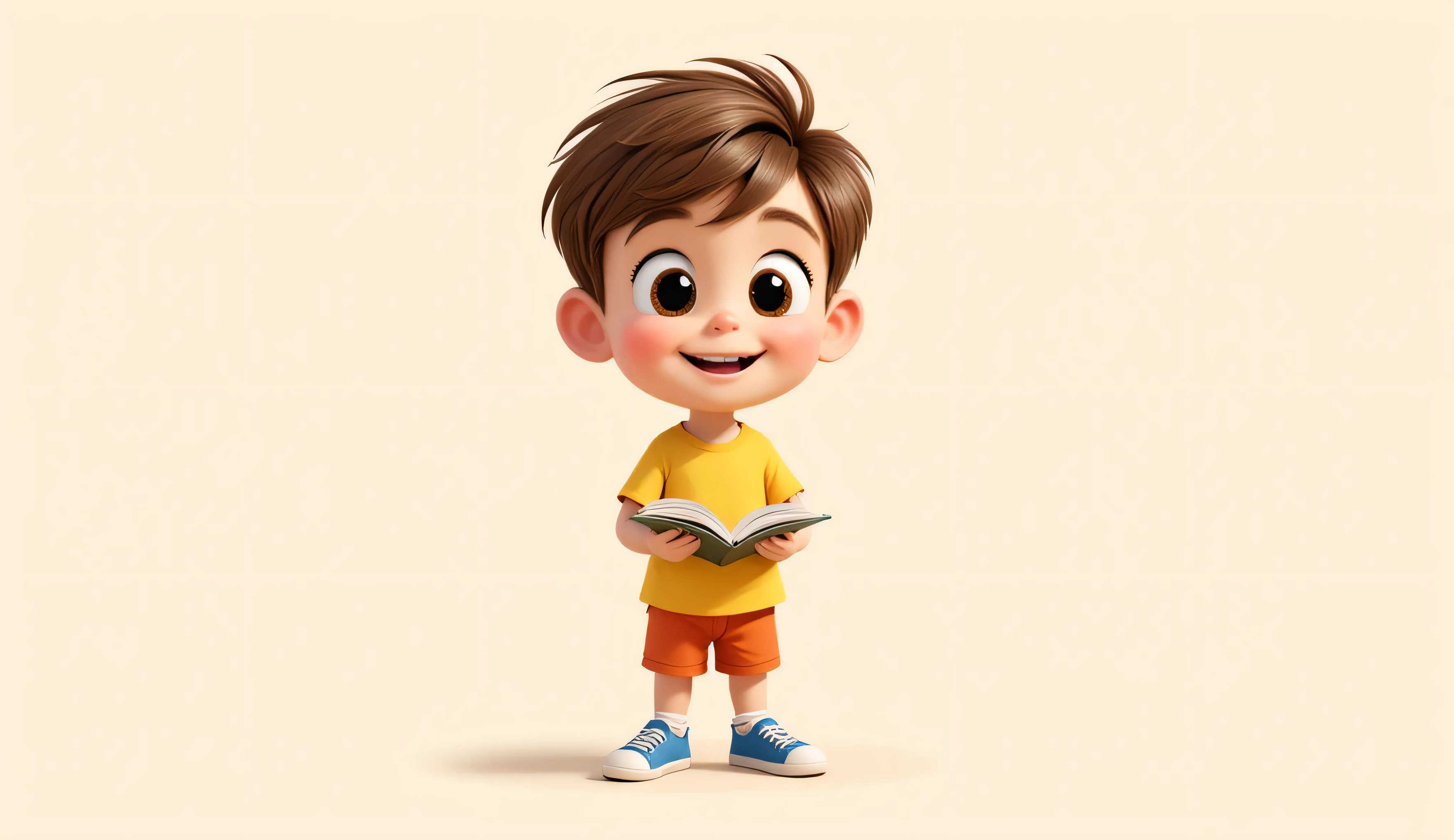 boy with brown hair , blue big eye, yellow shirt, short pant , Picking the book looking front and smile and stand , logo style