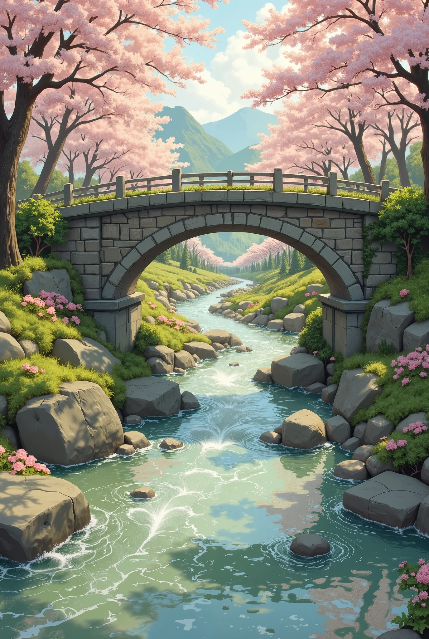 just above from the bridge,High quality, 8K Ultra HD, best quality, super detailed, Artist's sketch style, thick lines, Composition viewed from above, no people,Captured the movement of the Babbling brook,A very gentle (gentle flow:2.8), a sketch of the asian river flow,Transparency,clearly visiblewave,small splash, analogue materials, pencil on paper, Beautiful colors,at Asia,