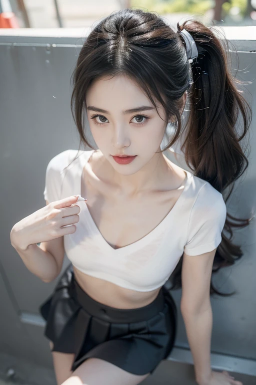 Urban beautiful girl college student, masterpiece, light makeup, red lips, silver hair, messy long hair, street background, beautiful, elegant. super fine details, master works, authentic texture, cinematic lighting realism, perfect job, 16K, hd, exquisite features,blue eyes、japanese idol、Beautiful Face、cute smile、brown hair、beautiful hair、ponytail、glamorous、perfect breasts、erect nipples、Oily muscle、shiny skin、white skin, glowing skin, bright big eyes, smooth skin, super sexy  tank top, thin tank top 