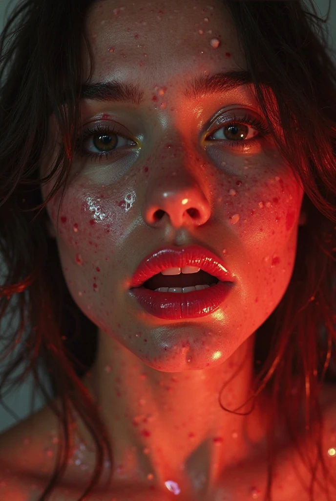a close up of mirage in a red dress with tattoos on her chest, (tipo de cuerpo pequeño:1.1), (petite body), multiple angles, charli xcx, ava max, bella poarch, she looks like a mix of grimes, charli bowater, sexy look, billie eilish, madison beer as leeloo, portrait of kim petras, 18 years old, the super hot and sexy, looks a blend of grimes
