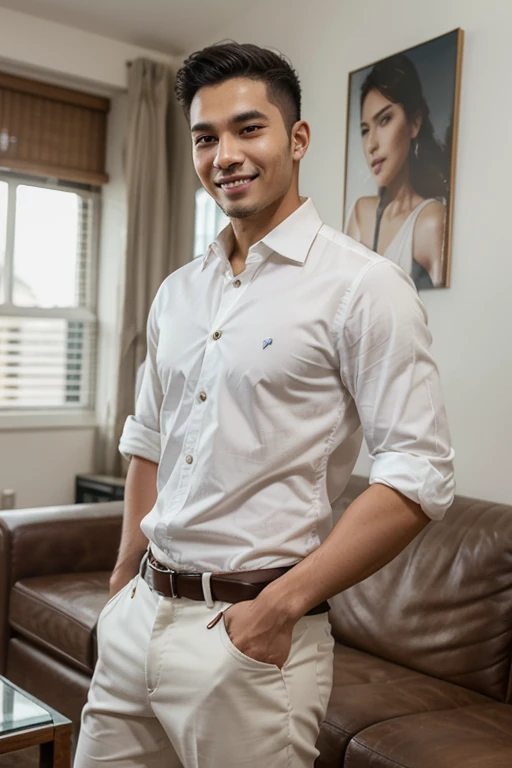 solo , 1man , thai man Sitting , white shirt , black jeans , happy , sit