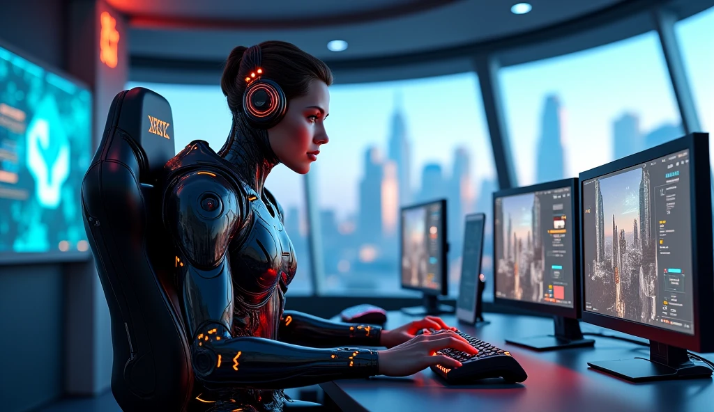 Woman in a futuristic suit sitting in a futuristic office. interacting with instagram profiles on multiple monitors, cute chica cyborg, chica cyborg, beautiful cyborg girl, Cyborg - Chica, chica anime cyberpunk mech, perfect cyborg woman, perfect anime cyborg woman, cyborg femenino, cyberpunk beautiful girl, female cyberpunk anime girl, girl with mecha cybernetic armor, cyborg cyberpunk, robot ciberpunk, Cyberpunk elvish queen robot