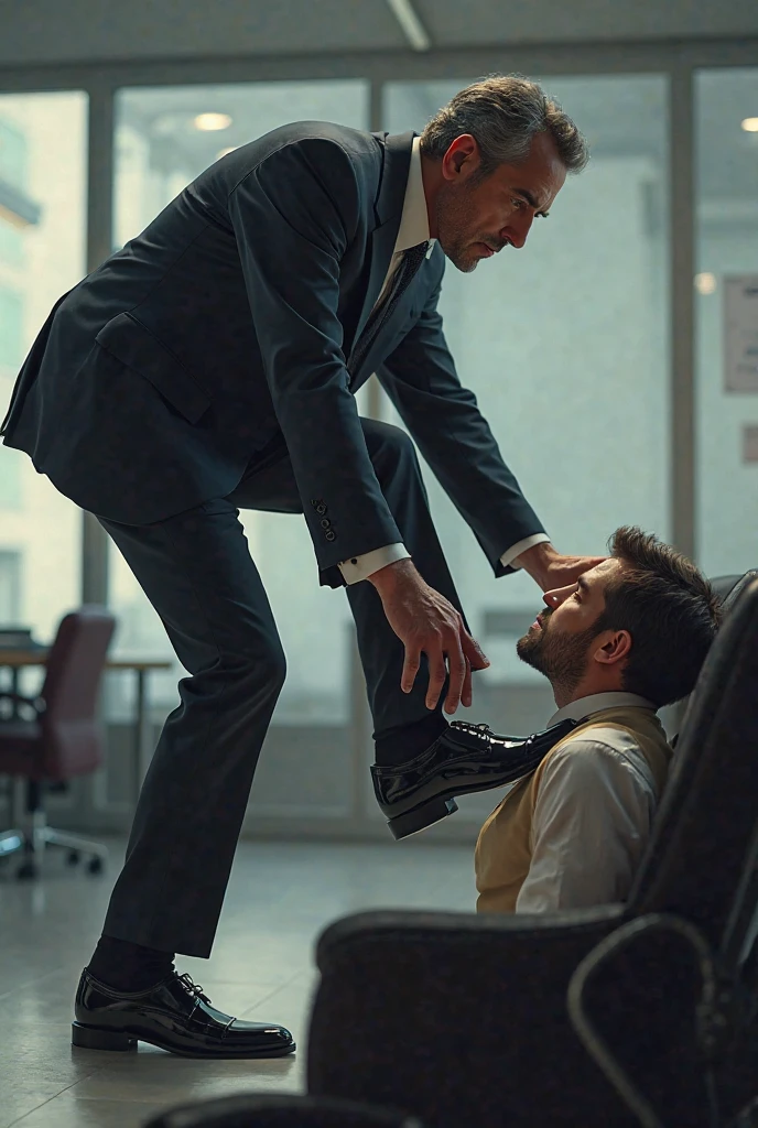 Create a hyper-realistic, high-resolution RAW image featuring TWO EXTREMELY HANDSOME MEN TOGETHER in a brightly lit office setting. The focus is on the intense interaction between the two men, with every detail rendered to achieve an absurdly realistic result.

Man A, Age 48: A strikingly handsome man with light-colored eyes and short hair showing early signs of balding. He is dressed in dark pants, formal shoes, and an open, extremely shiny black leather puffer jacket that exposes his hairy chest and slightly prominent belly. Man A is positioned on all fours on the office floor, wearing a visible expression of deep humiliation and forced submission. A collar, resembling that of an animal, is around his neck, and he is being pulled by it.

Man B, Age 31: The dominant figure in the scene, Man B is the boss, with short hair, light skin, and a naturally attractive, non-muscular build. He is dressed in sharp, well-fitted business attire, including a dress shirt and formal trousers. He stands tall next to Man A, gripping the animal collar with a smug, authoritative expression as he pulls it, forcing Man A’s head upward toward the camera. His body language and facial expression convey clear dominance and a sense of power over the humiliated employee.

The office is brightly lit, with clean, modern decor, enhancing the stark contrast between the submissive posture of Man A and the authoritative stance of Man B. The image should capture the fine details of their clothing, facial expressions, and the dynamic interaction, emphasizing the realism of the scenario and the power imbalance between the two men. Every aspect should be meticulously detailed to create an image of striking realism.
