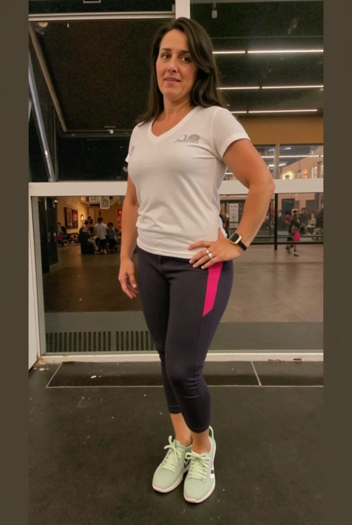 there is a woman standing on a scale in a bathroom, fit pic, short robust woman, full body picture, sport bra and dark blue shorts, wearing a tank top and shorts, wearing fitness gear, wearing a camisole and shorts, blue outfit, pilar, full body frontal view, wearing track and field suit, blue tight tshirt, full body pictures