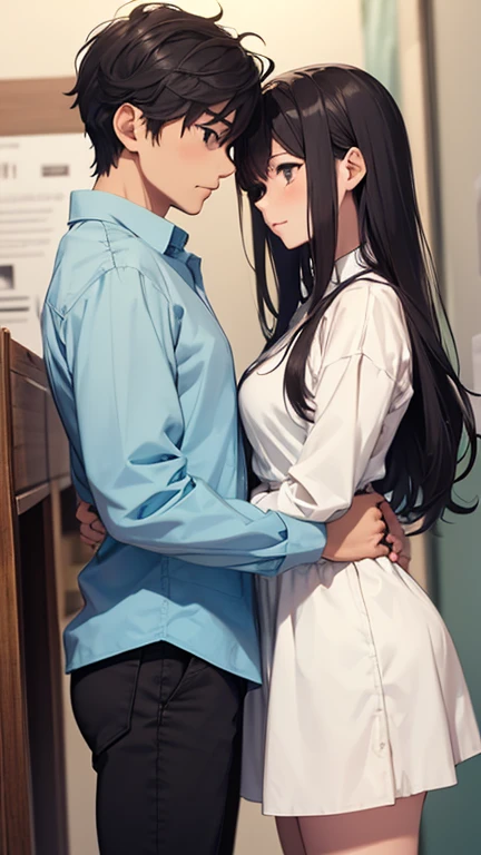 In a tender moment, a young couple stood close, their bodies drawn to each other like magnets. The girl, with long black hair cascading over her shoulders, wore a skirt and a white, long-sleeved shirt that contrasted with her partner's grey shirt and pants. His short black hair framed his face as he leaned in for a kiss, their eyes closed in shared intimacy. Her hand slid under his shirt, feeling the warmth of his skin, while his hand gently lifted her shirt, brushing against her breasts. The cowboy shot captured the electric connection between them, a moment of pure affection and desire.