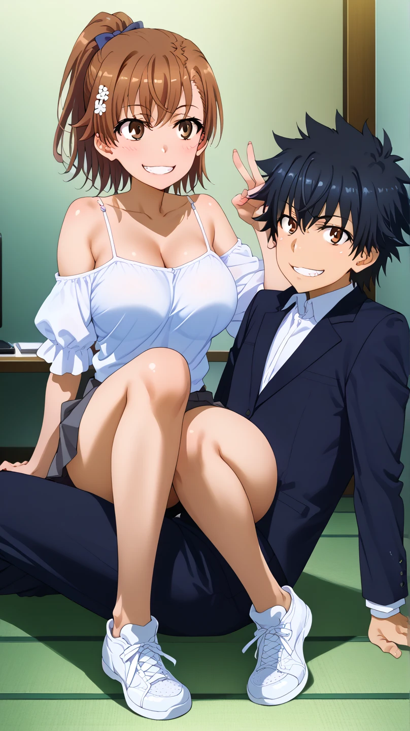 Sexiest Girl in highschool Takes her clothes Off in Front of an average Student, Student is blushing, Anime Style, the Girl has White underwear, very short purple hear on ear Level, Green eyes, fat eyelashes, fat lips, angry smiling, squints her eyes, the classroom is empty, the girl has a thicc body, sexy face, Student has black Hair, He is in school Uniform, He touches her thigh, the Girl moans, she is sitting on the desk