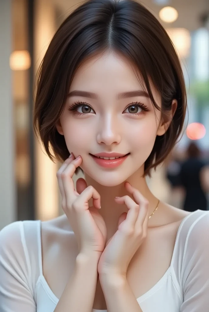((Best quality, 8k, Masterpiece :1.3)), 1girl, beautiful woman with emphasis on slim abs: 1.3, (casual hairstyle, big breasts: 1.2), casual wear: 1.2, interior, ultra-detailed face, delicate eyes, double eyelids, soft breasts, smile, exposed cleavage