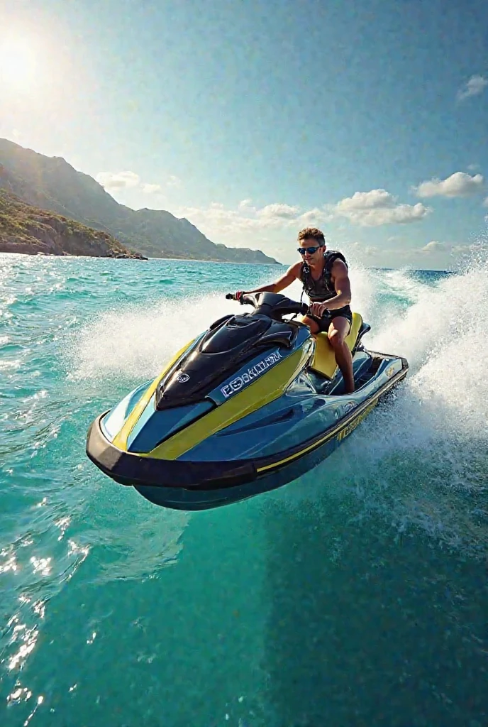 Hot lifeguard male driving jetski