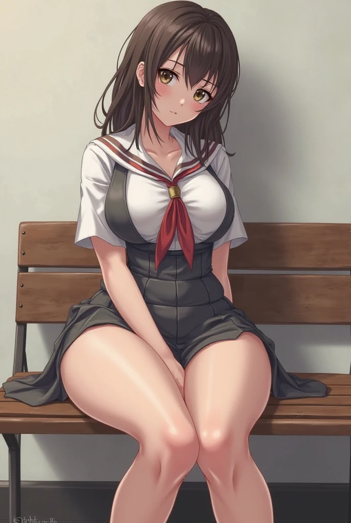 Student anime girl with big breasts sitting on a chair with thick thighs
