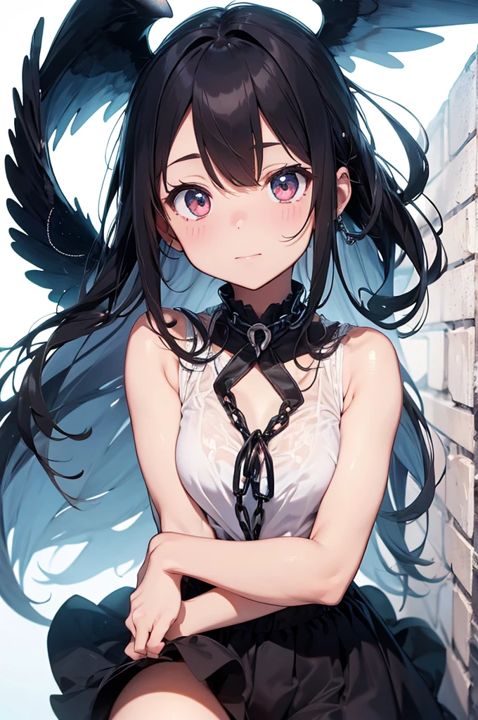 1 girl, no smile, sparkling navy blue eyes, (black hair) ,Cute woman with short baby face, bandaged, small stature, small breasts, loli, Full body, (masutepiece:1.2, Best Quality), (finely detailed beautiful eye: 1.2), (beautifull detailed face), High contrast, (Best Illumination, extremely delicate and beautiful), ((Cinematic Light)), Dramatic light, (Pale white background:1.5), bandaged_leg, bandages, bandaged_arm,  bandaged_neck, mummy_costume, bandaged_hand, long_hair, collarbone,  bandaged_head