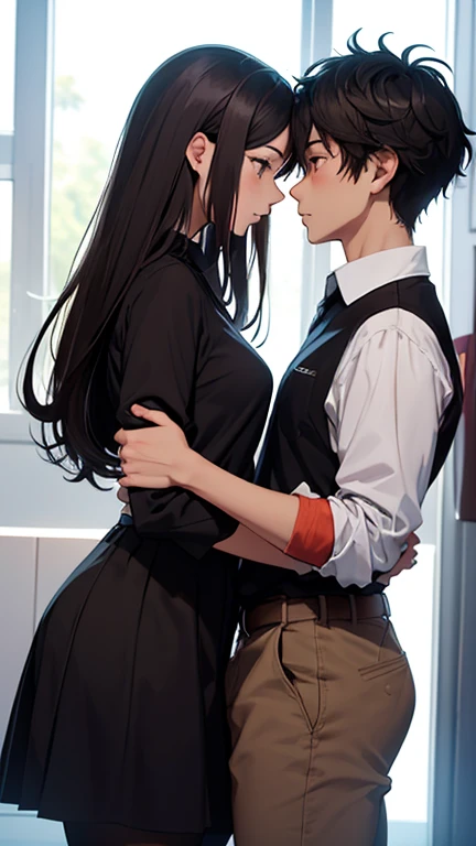In a tender moment, a young couple stood close, their bodies drawn to each other like magnets. The girl, with long black hair cascading over her shoulders, wore a skirt and a white, long-sleeved shirt that contrasted with her partner's grey shirt and pants. His short black hair framed his face as he leaned in for a kiss, their eyes closed in shared intimacy. Her hand slid under his shirt, feeling the warmth of his skin, while his hand gently lifted her shirt, brushing against her breasts. The cowboy shot captured the electric connection between them, a moment of pure affection and desire.