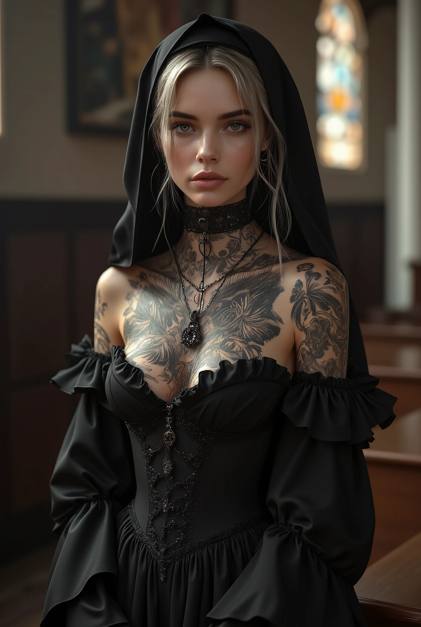 Digital art, Barbara Squadrani-inspired nun, black makeup enhancing the mysterious aura, transparent chiffon cassock flowing with every subtle movement, adorned with gothic tattoos featuring crosses and wings, fingers embellished with cross-shaped nails, Patrick Demarchelier's photographic style, shot in the confines of a professional studio, ultra HD, realistic rendition of divine elegance, distinguished by sharp focus, intricate details as seen in octane rendering, High Resolution, High Quality, Masterpiece