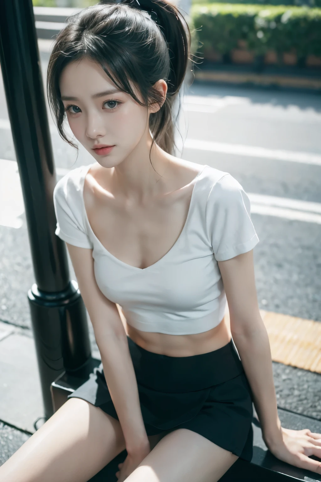 (((best quality))),(((ultra detailed))),(((masterpiece))),illustration,((1 beautiful girl,solo)),((slim,thin)),((small breasts,flat chest)), outside school gate, summer twilight, sunlight,(short ponytail:1.3),((white short-sleeved shirt)),((clavicalis,navel)),((navy blue sports shorts,slender legs)),animated face, excited eyes, sounds of laughter, chatter, excitement of summer vacation, air filled with energy, school gate golden glow, symbol of end of academic year, schoolyard transformed, reunion, farewells, embracing setting sun, face illuminated, moment captured, fleeting instant, essence of summer, carefree spirit, youthful exuberance, embodiment of season, sun dips, rosy glow, joy of living,promise of adventures,((standing,from front,upper body)),(surrounded by crowded crowds:1.3)