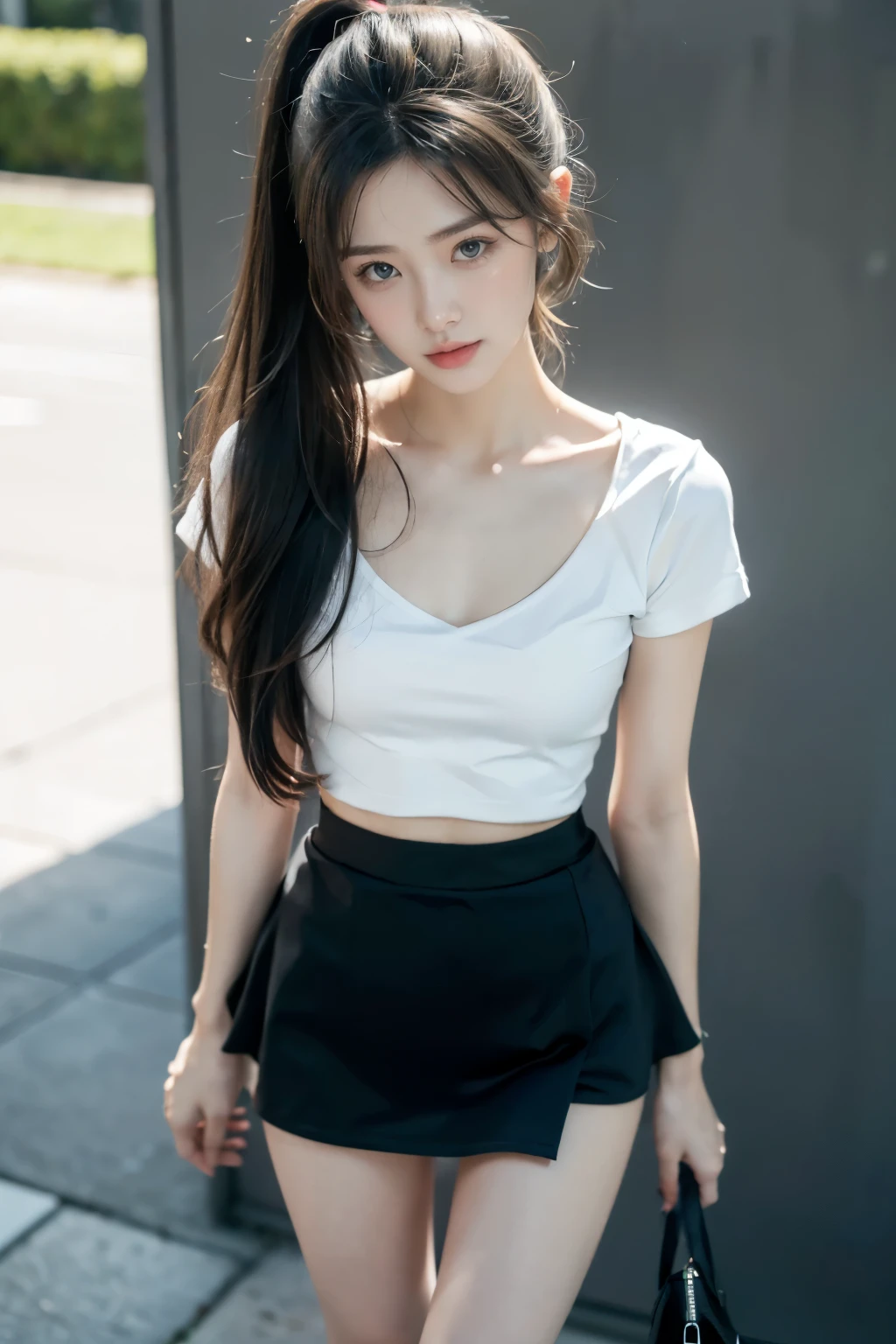 ((Top quality, masterpiece)), (Japanese wearing white camisole mini and pink skirt: 1.3), (Small breasts: 1.2), (Maste piece, best quality: 1.2), 8K, 16 years old, Raw photo, ( Sad face: 1.3), beautiful girl, blue sky, detailed face, bokeh background