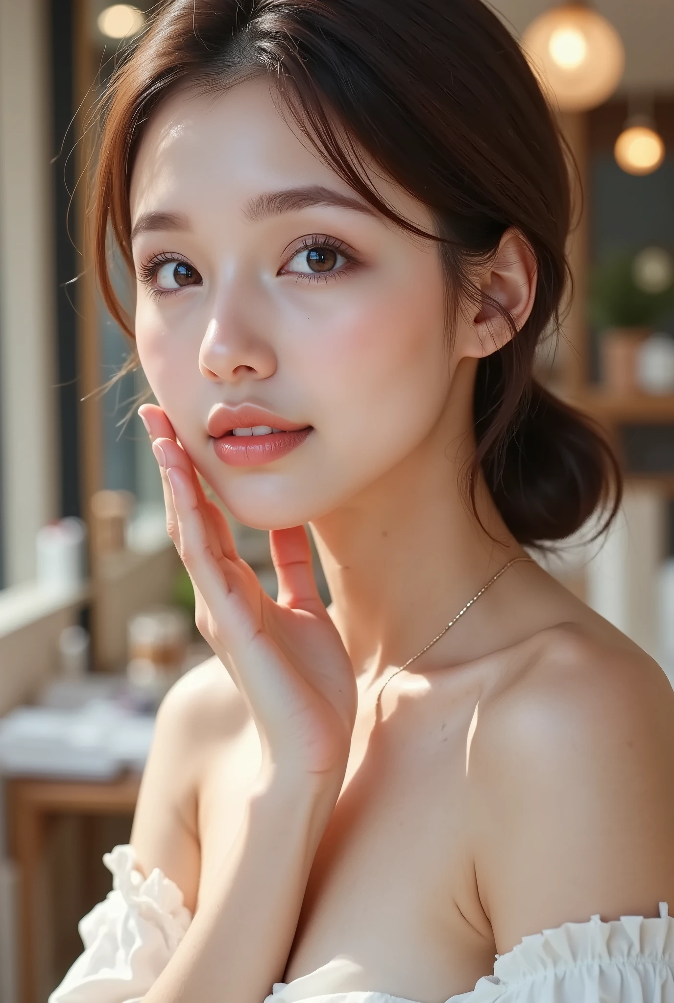 high quality, 4K, Masterpiece, Realistic, 포토Realistic, Natural light, Studio Lighting, ultra-high resolution, extremely detailed description, Professional , plump body , Bokeh effect cosmetic model, Gently applying moisturizing cream, Beautiful female face, charming expression, Comfortable posture, soft skin, Glow effect , bright makeup, soft lighting, Modern and stylish background, luxurious vibe