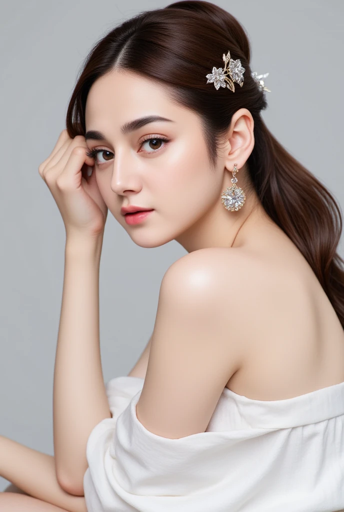 tmasterpiece, Highest high resolution,High-quality content, 8K quality photos with excellent detail, Perfect for presenting dynamic busts of noble maidens, Delicate curves, Bend hair to create gorgeous and intricate fabric textures, Plain purple eyes, Delicate floral decoration, Sparkling crystal jewelry, Highly focused and subtle details。