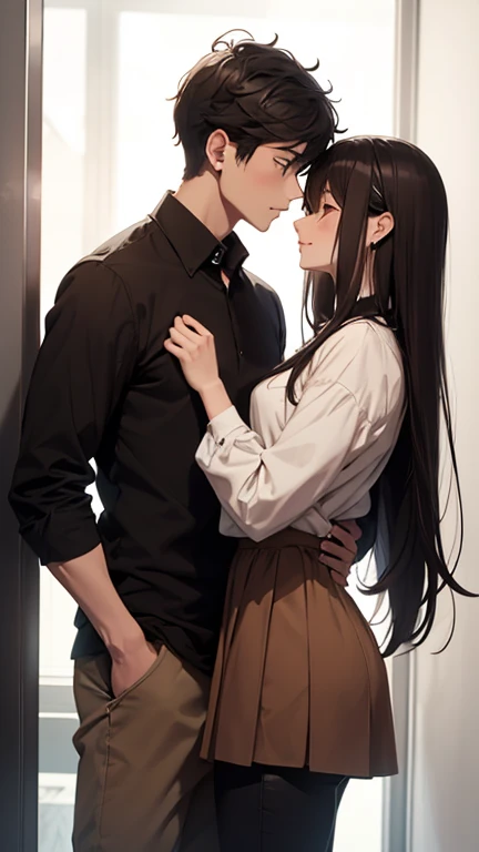 Anime style, like anime, FHD, a beautiful black-haired woman with black-framed glasses in neat work clothes without a tie is cornered against the wall. In front of the woman, there is a blond-haired man with a sinister smile, wearing a gray suit and white shirt, gripping the woman’s right hand forcefully. The woman’s facial expression looks very angry and reluctant.