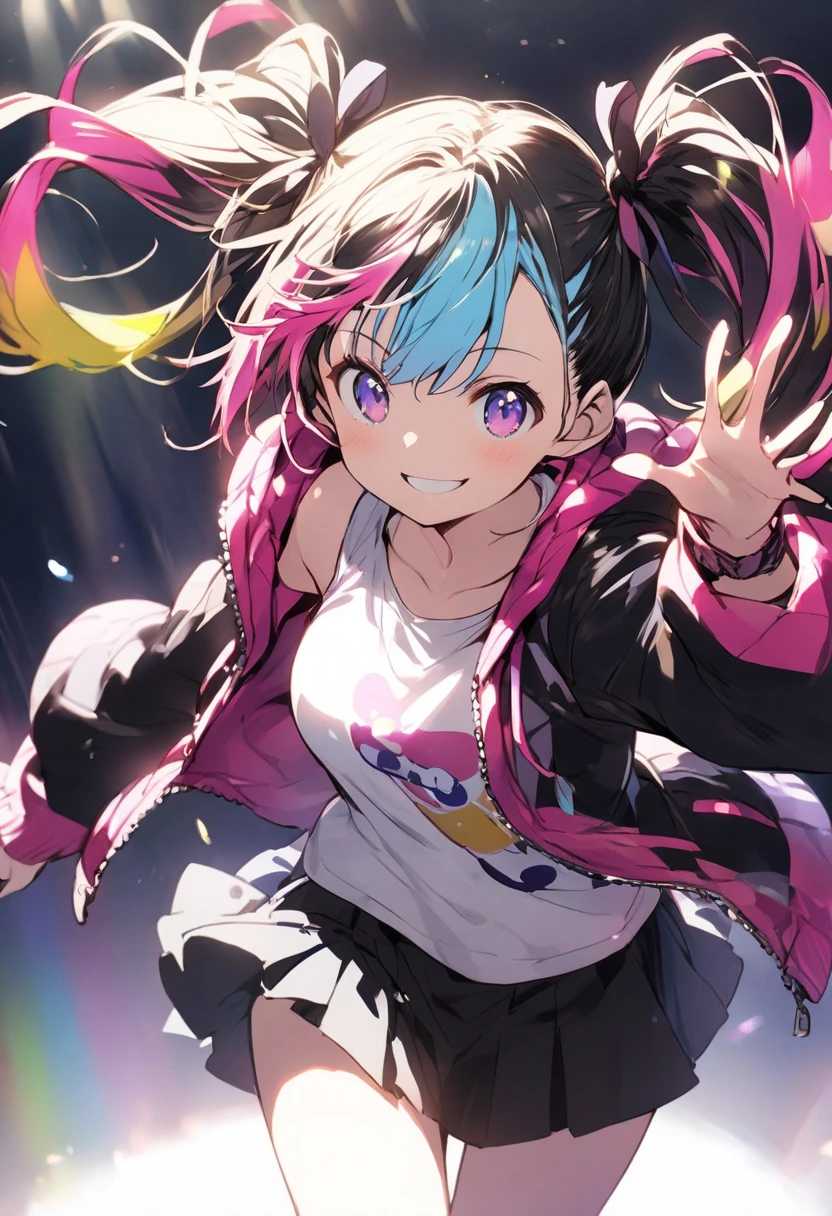 (Double V sign)1.4,(Double Peace)1 girl, oasis, Brush Sticker, Double Ponytail, triple white, Tartan, Gradient Hair,, White background pink shorts ,Twin tails,smile,Angel's Smile