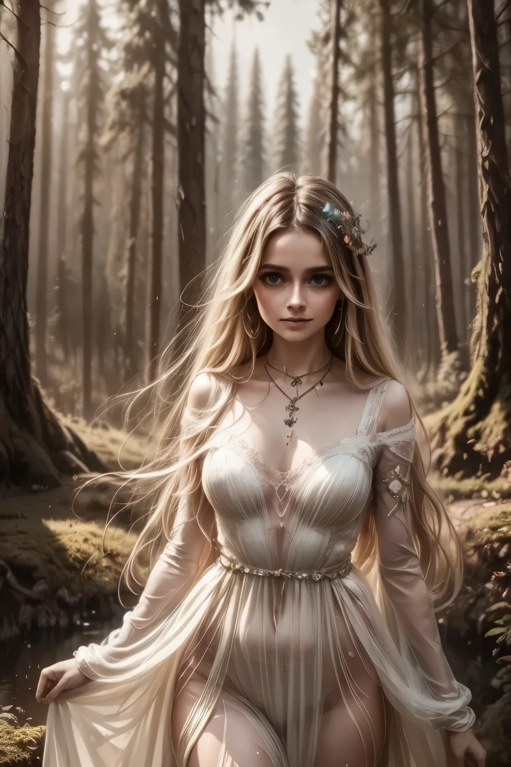 A dreamlike fantasy landscape, a surreal forest with glowing mushrooms, floating islands, and a whimsical castle in the distance, 1girl, detailed face, beautiful eyes, long hair, detailed dress, walking through the mystical scenery, (best quality,4k,8k,highres,masterpiece:1.2),ultra-detailed,(realistic,photorealistic,photo-realistic:1.37),fantasy,surreal,dreamscape,magical,ethereal,glowing,vibrant colors,dramatic lighting