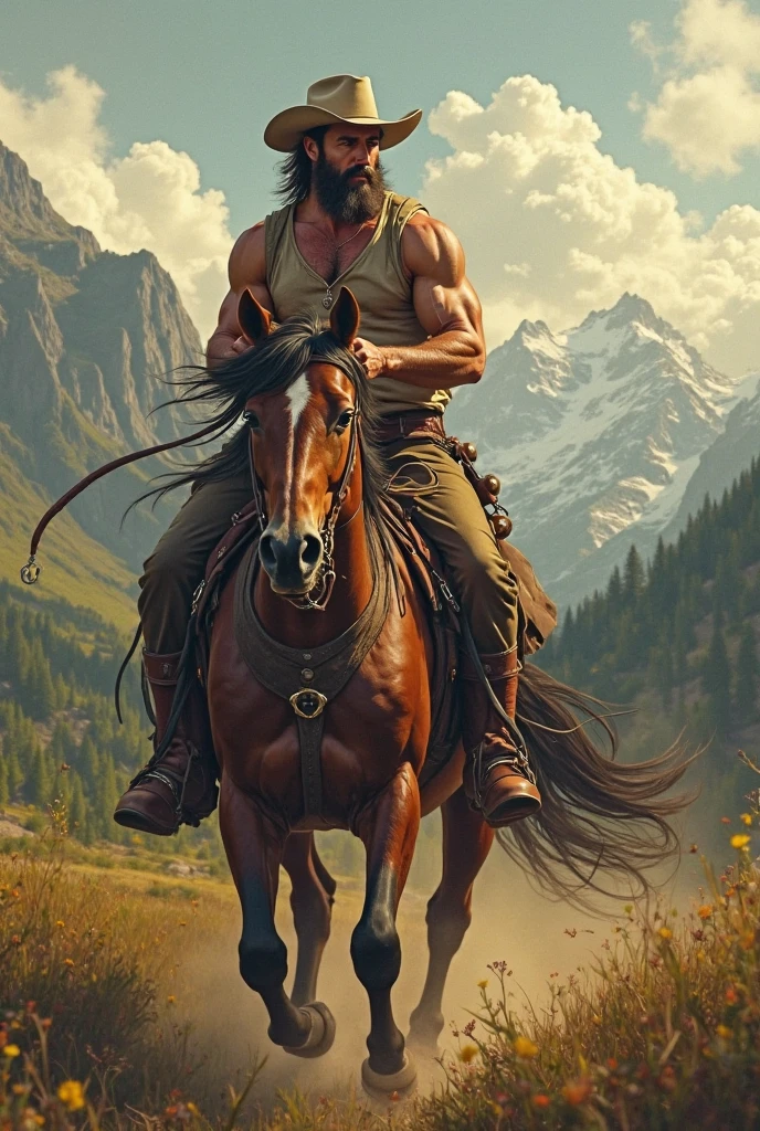 Naked farmer riding a horse 