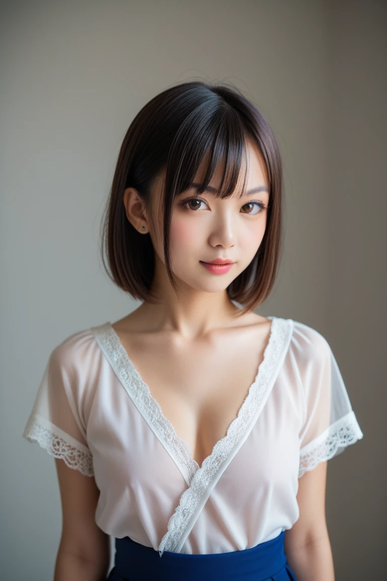 A Japanese woman in white lingerie, featuring a bob hairstyle with black hair. She has a D-cup bust and is depicted with a seductive gesture and inviting gaze. The image should be created in a 16:9 aspect ratio.
