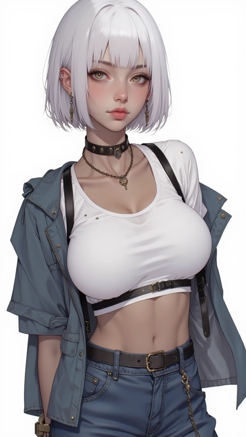 (masterpiece:1.2), absurdres, 1girl, oversized breast, blushing, orange eyes, white hair, front view, (white background:1.2)