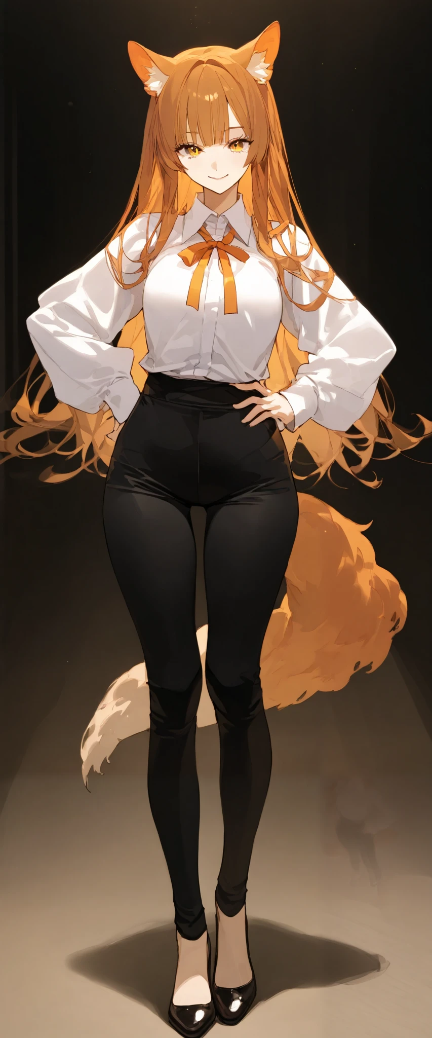 best quality, masterpiece, SagawaStyle, 1girl, long hair, animal ears, solo, hand on own hip, very long hair, tail, shirt, white shirt, standing, full body, long sleeves, orange hair, black pants, looking at viewer, pants, high-waist pants, animal ear fluff, black footwear, collared shirt, closed mouth, breasts, smile, ribbon, leggings, brown hair