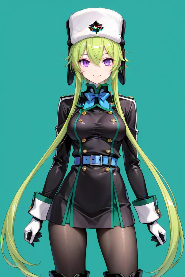 1girl, solo, long hair, breasts, looking at viewer, bangs, skirt, gloves, long sleeves, ribbon, hair between eyes, closed mouth, green eyes, hair ribbon, pantyhose, cowboy shot, hairband, small breasts, green hair, black gloves, black skirt, leotard, black leotard, brown pantyhose