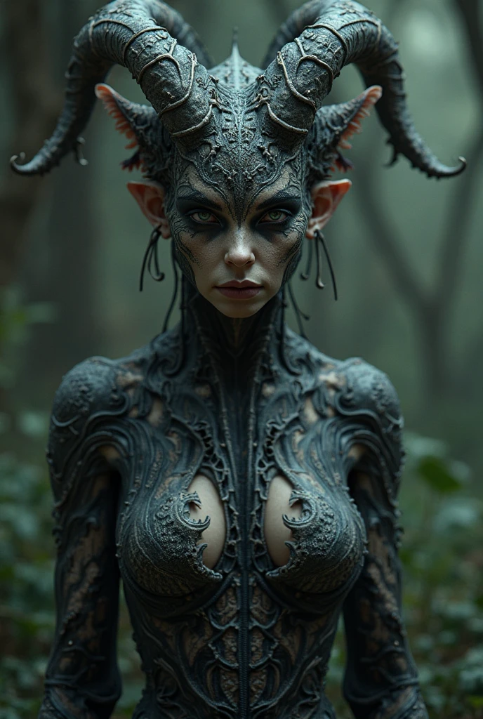 a female <lora:RPGLeraie:0.7> leraie ready for battle in the middle of the steppes, 1girl, solo, bikini top, upper body, horns, armor, blurry, grey skin, (red eyes), spine, bones, no humans, bow (weapon), ((looking at viewer)), realistic:1.1, depth of field, atmospheric effects, dangerous battlefield