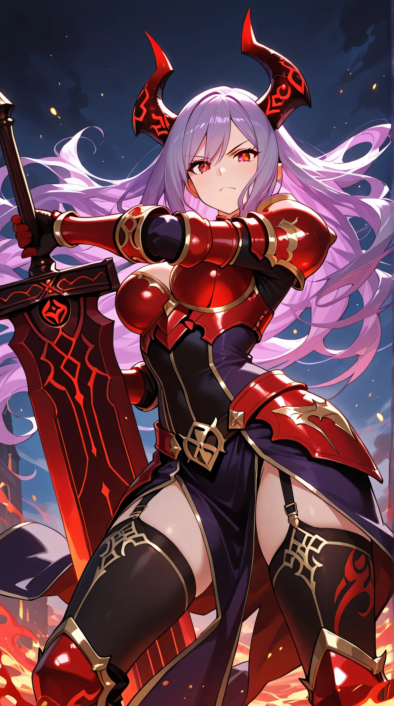 Masterpiece, Best Quality, Top Quality, Very Detailed, 1 girl, Beautiful anime demon girl, long wavy purple hair, sharp crimson horns, glowing red eyes, wearing elaborate crimson and gold fantasy armor, dark thigh-highs, holding massive greatsword, fierce confident expression, flowing hair, dynamic pose, glowing embers, fiery background, cinematic lighting, ultra detailed, highly detailed armor, dark fantasy atmosphere