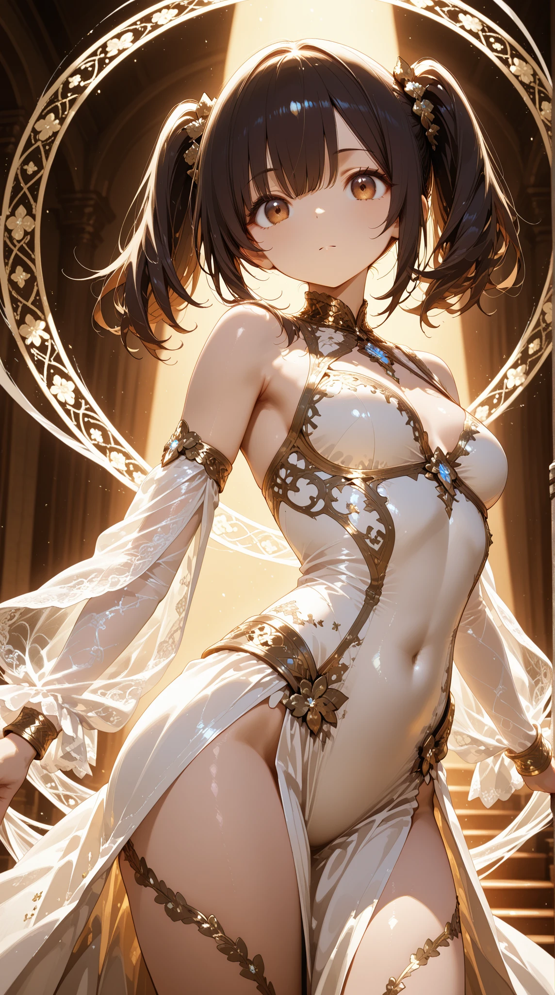 Girl, long dark iridescent hair, iridescent eyes, large thighs, small waist, small breast, brown and white cowboy outfit
