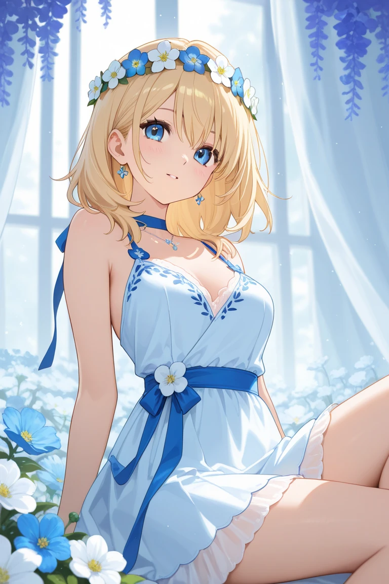 blonde girl，royal blue dress，Holding a teddy bear and a bouquet of sunflowers